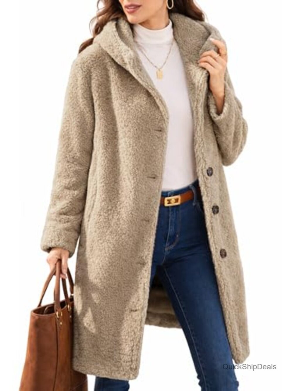 Fuzzy Fleece Faux Fur Pea Coat Womens Hooded Winter Warm Teddy Jacket
